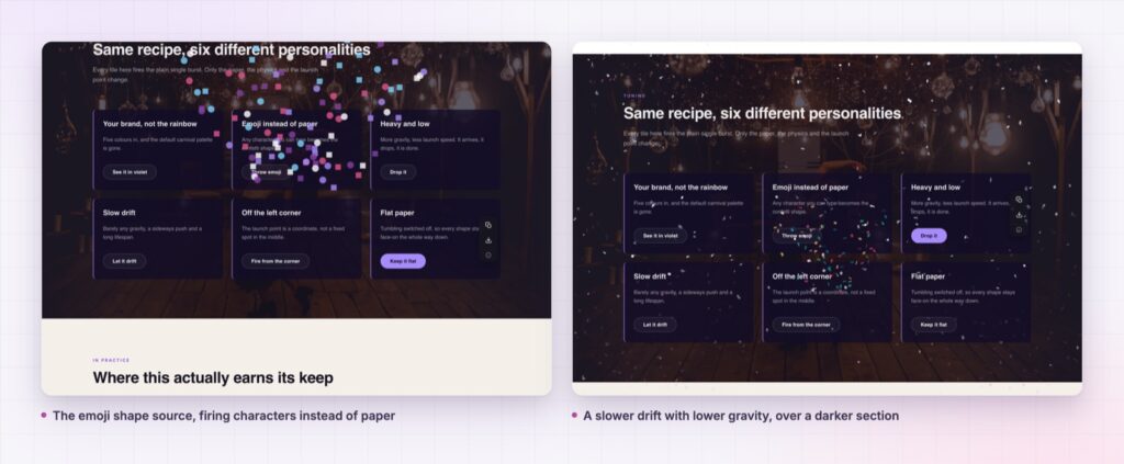 Confetti effects using emoji shapes and a slower drift