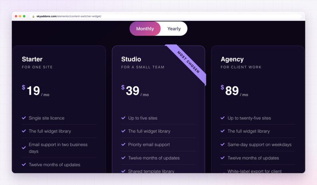 Elementor content switcher toggling a pricing section between monthly and yearly