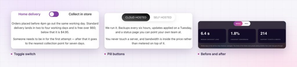 Three Elementor content switcher styles: a toggle switch, pill buttons and before and after