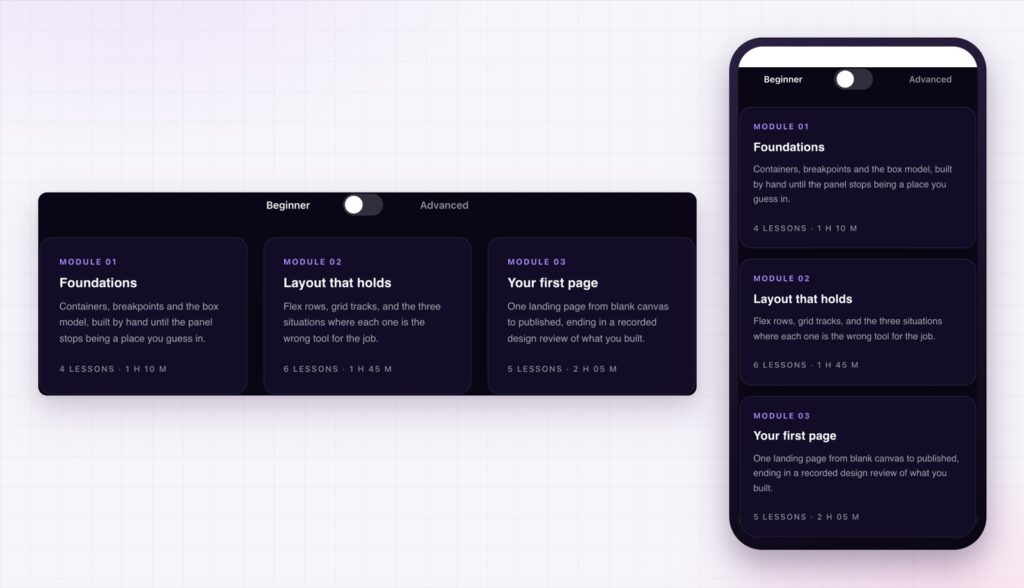 Elementor content switcher with a beginner and advanced toggle on desktop and on a phone