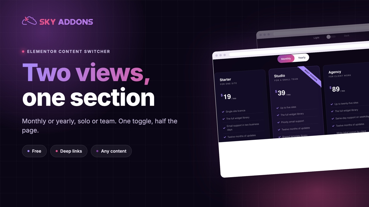 Elementor content switcher widget from Sky Addons toggling between two views