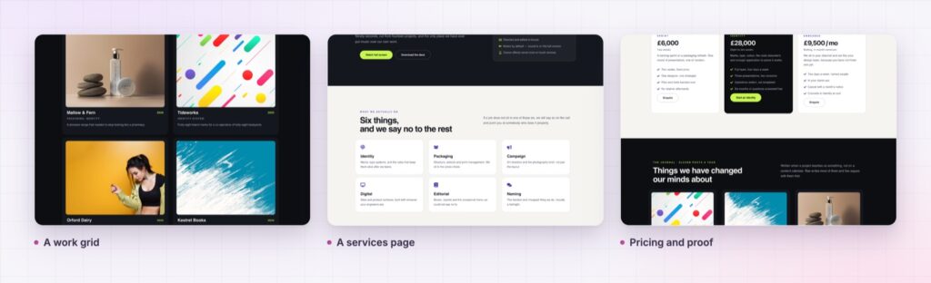 Four pages using Elementor cursor effects from the demo site