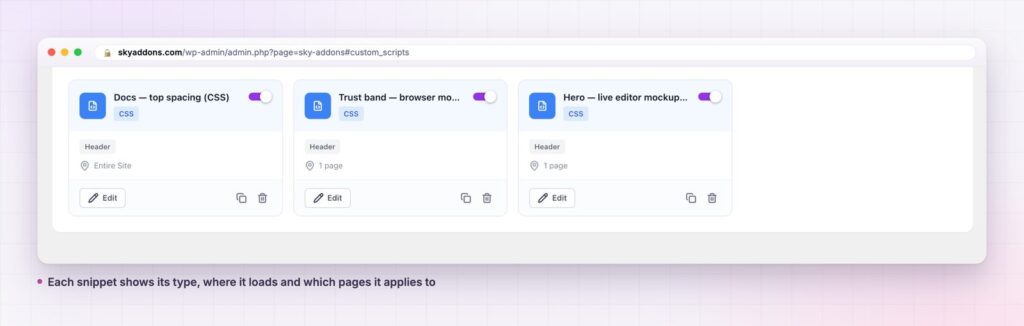 Elementor custom scripts cards showing type, placement and page scope