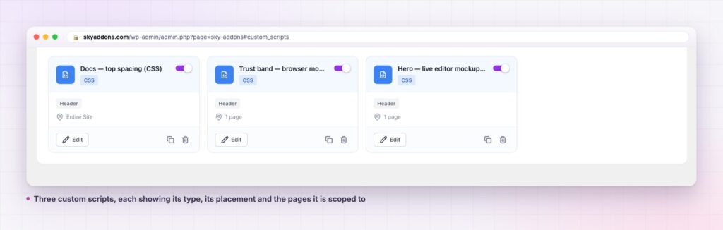 Elementor custom scripts each carrying their own on switch