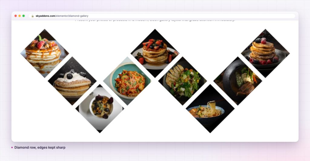 Diamond gallery for Elementor as a row of food photographs