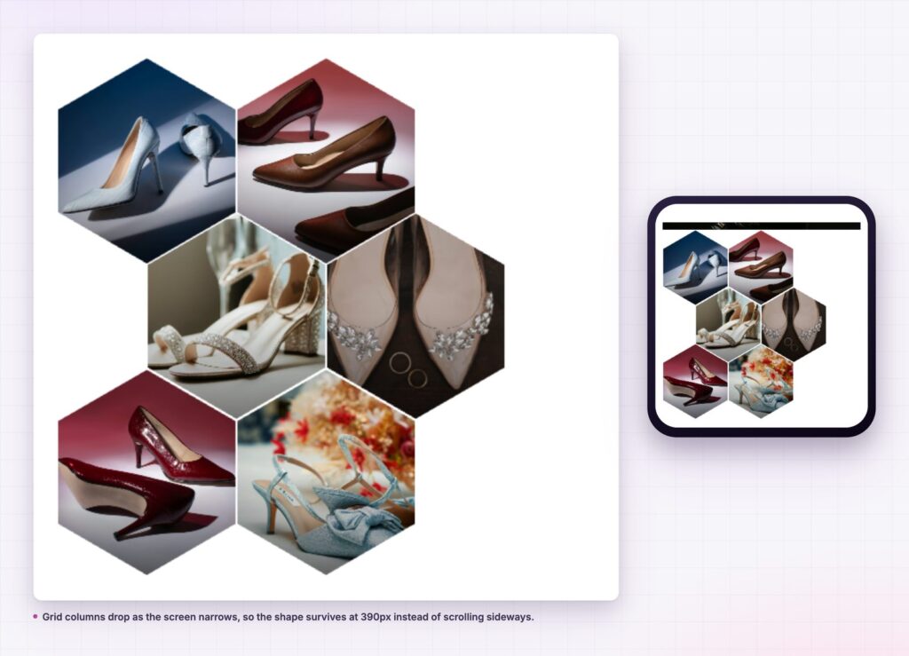 Diamond gallery as a hexagon grid on desktop and phone