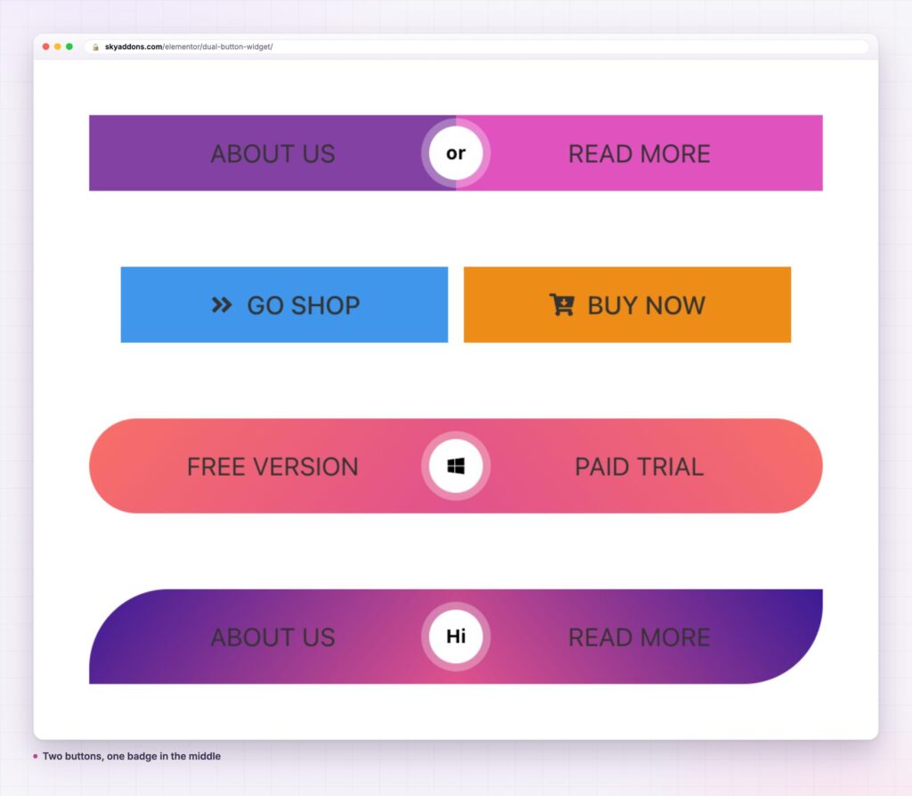Dual button in Elementor: about us and read more, go shop and buy now, free version and paid trial
