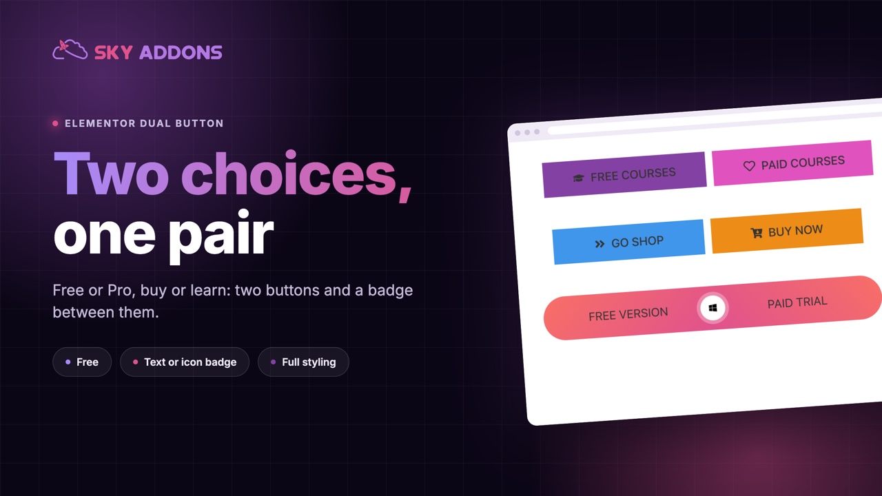 Dual button in Elementor: about us and read more, go shop and buy now, free version and paid trial