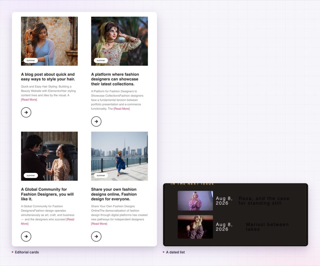 Three Elementor dynamic content layouts from the demo page