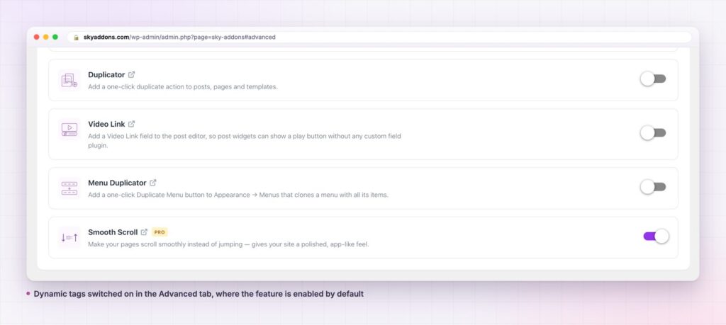 Elementor dynamic tags switched on in the Advanced tab