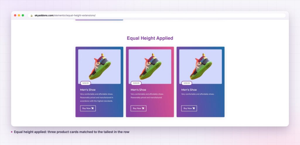Equal height applied to a row of Elementor product cards