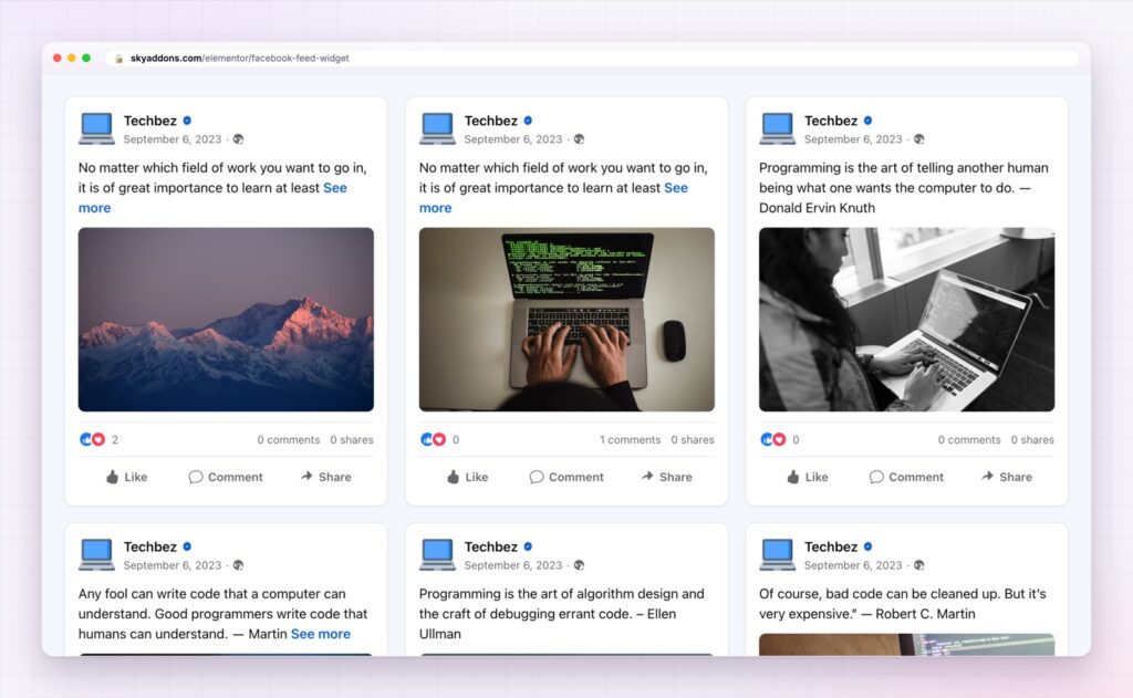 Elementor Facebook feed showing page posts in a grid with like and comment counts