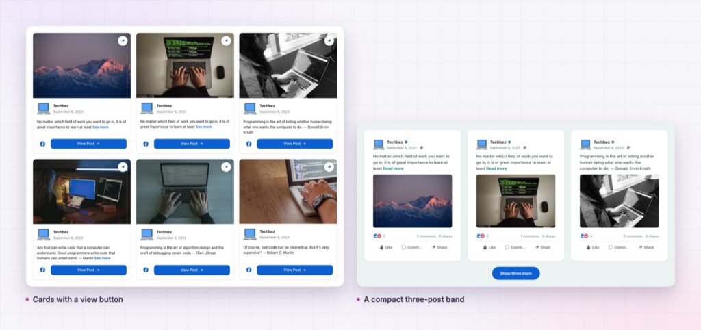 Three Elementor Facebook feed layouts from the demo page