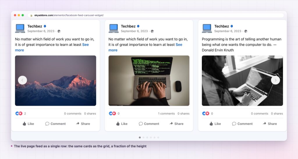 Facebook feed carousel showing page posts as a row of cards