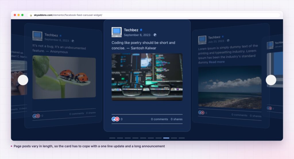 Facebook feed carousel on a dark section with the card design