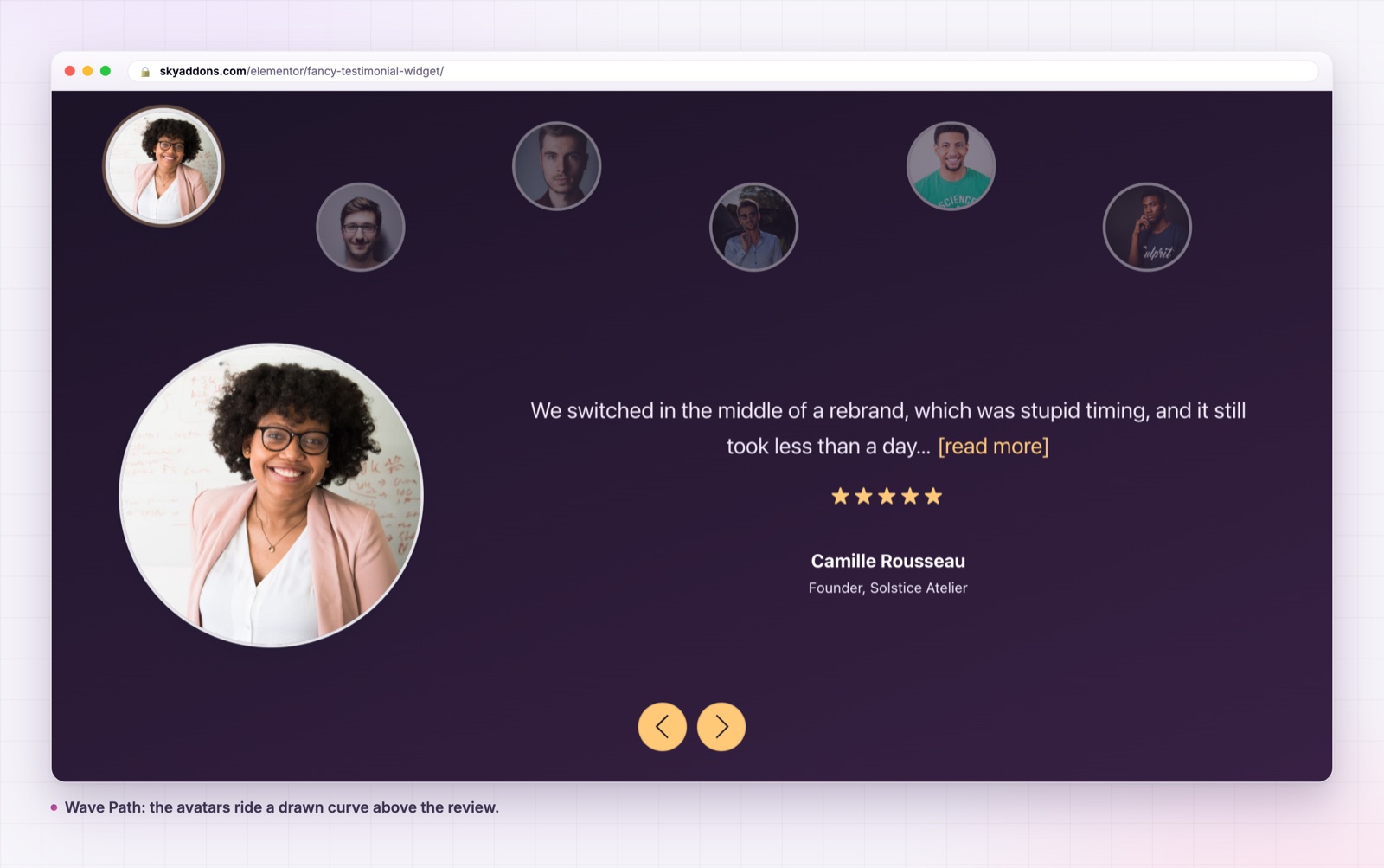 Fancy testimonial wave layout in Elementor with avatars on a curve