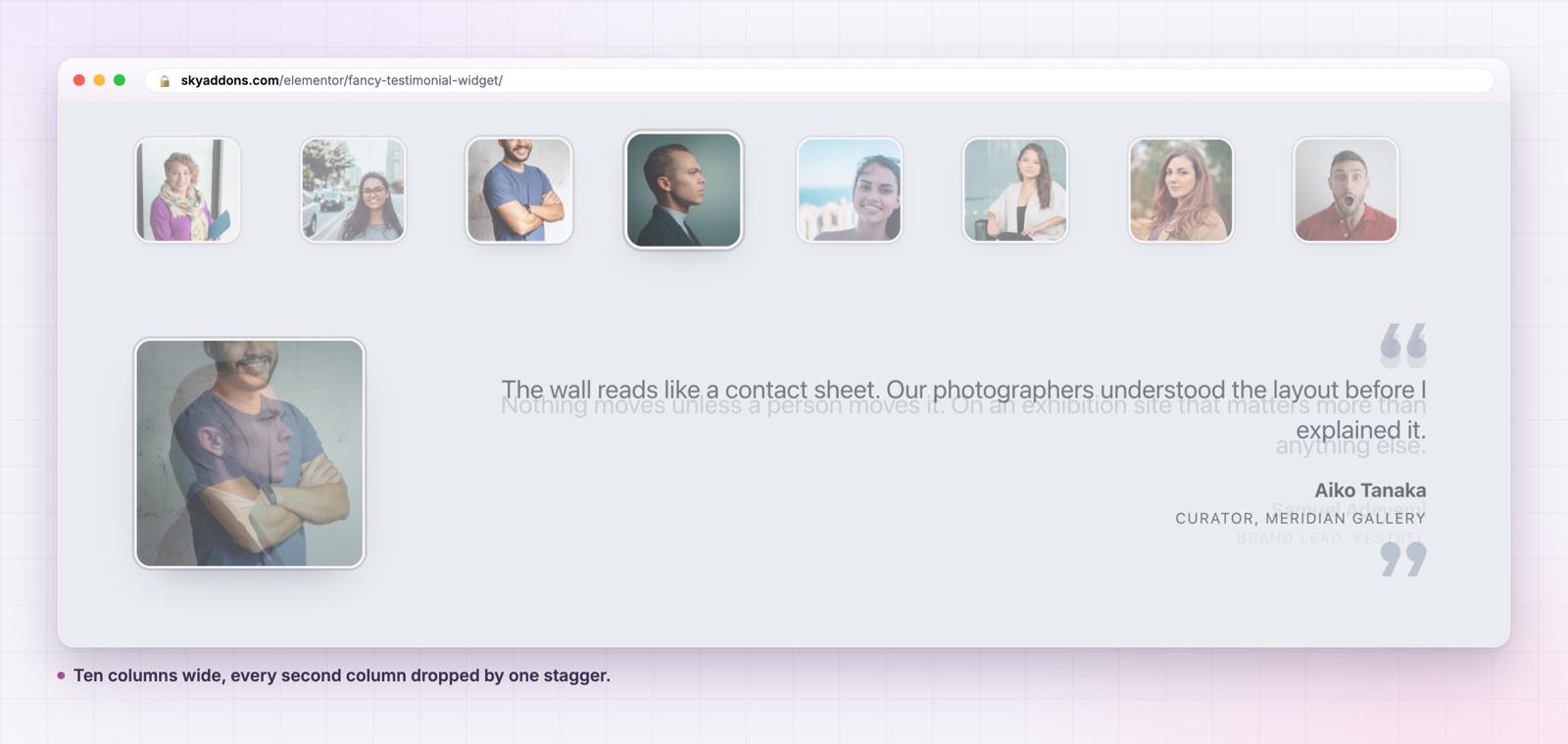 Fancy testimonial in Elementor: Cluster wall reading as a contact sheet of customers