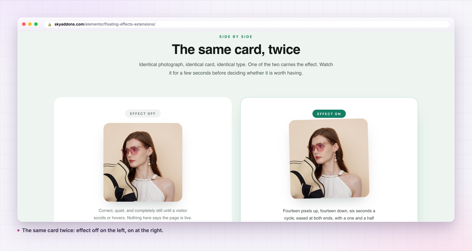 Floating effects in Elementor: The same card with the effect off and on
