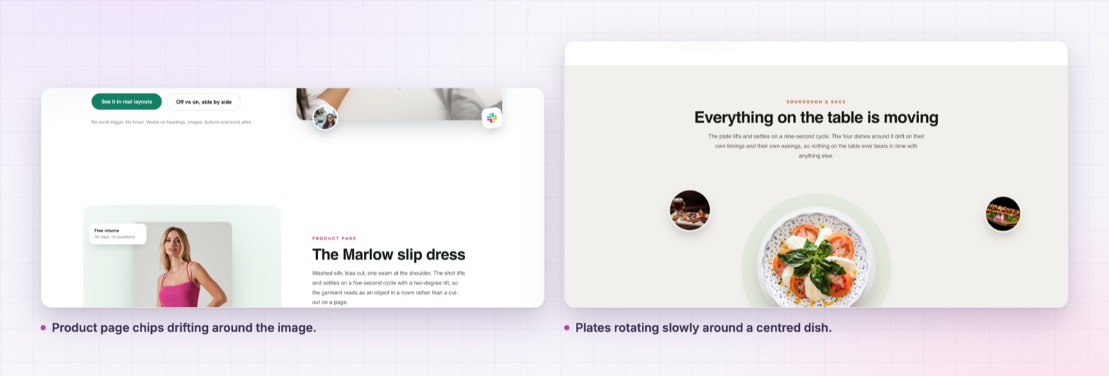 Floating effects on a product page and a food layout