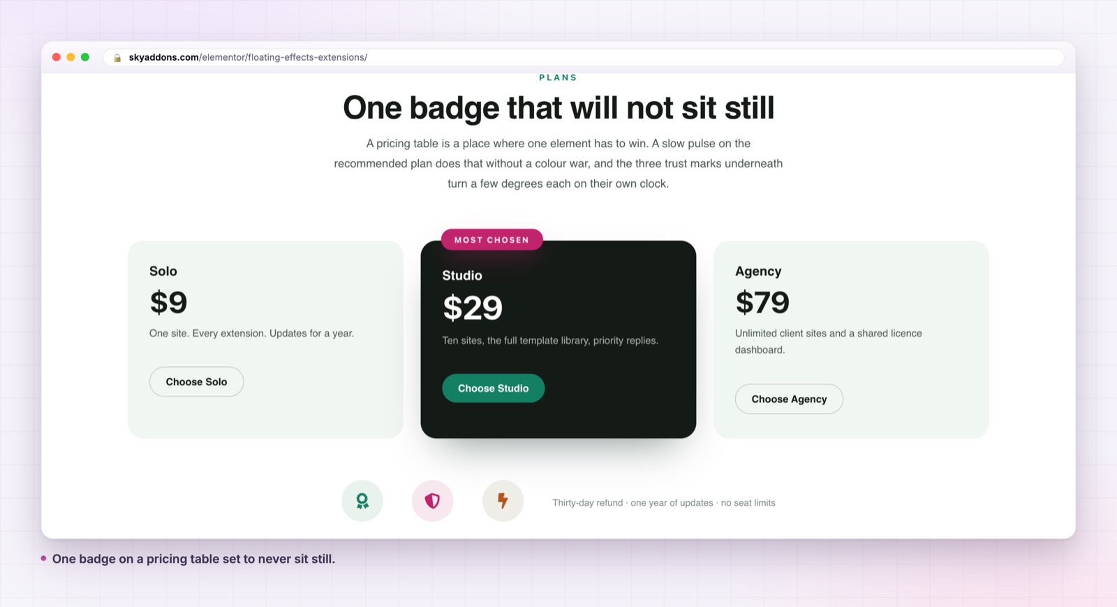 Floating effects on a pricing table badge