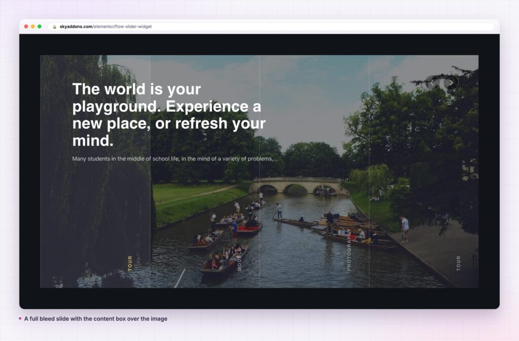 Flow slider for Elementor with a content box over a full bleed image