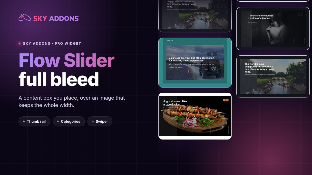 Flow slider for Elementor showing a full bleed slide with a content box