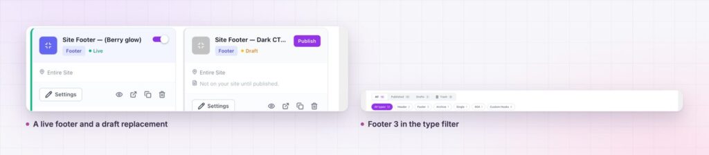 Elementor footer builder templates, one live and one draft replacement