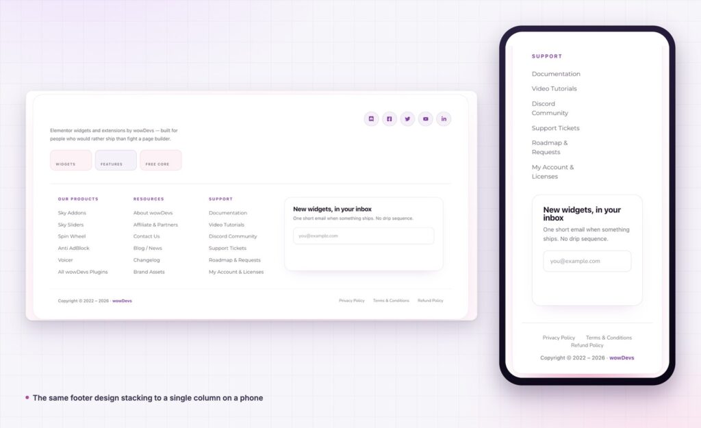Elementor footer builder footer stacked into one column on a phone