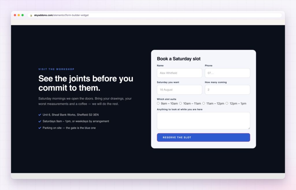 Elementor form builder showing a styled contact form
