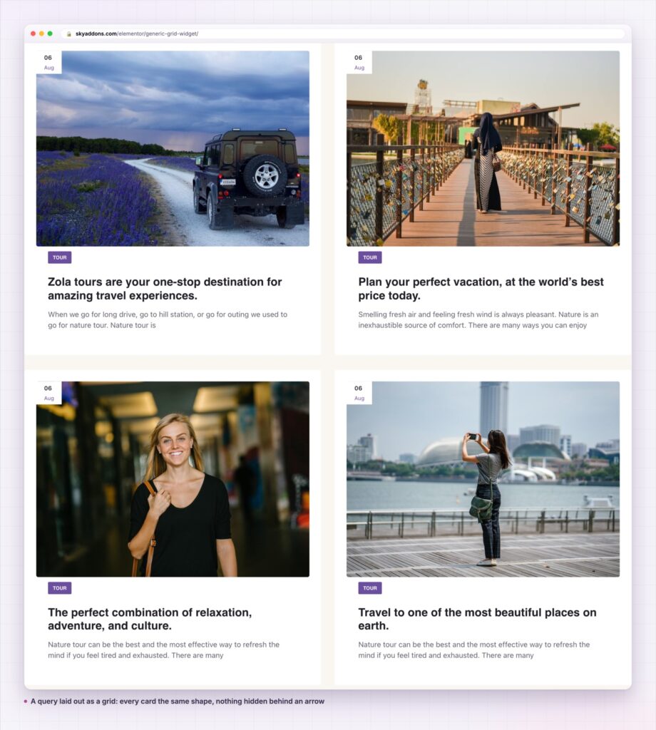 Generic grid showing paginated post cards with category and date