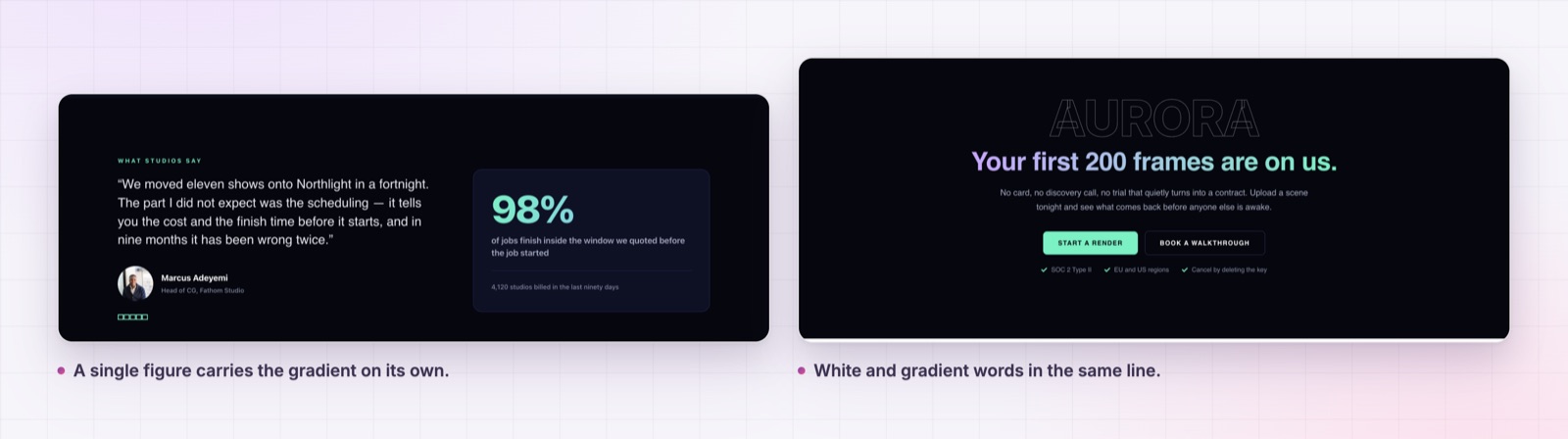 Gradient text on a statistic and on a dark call to action