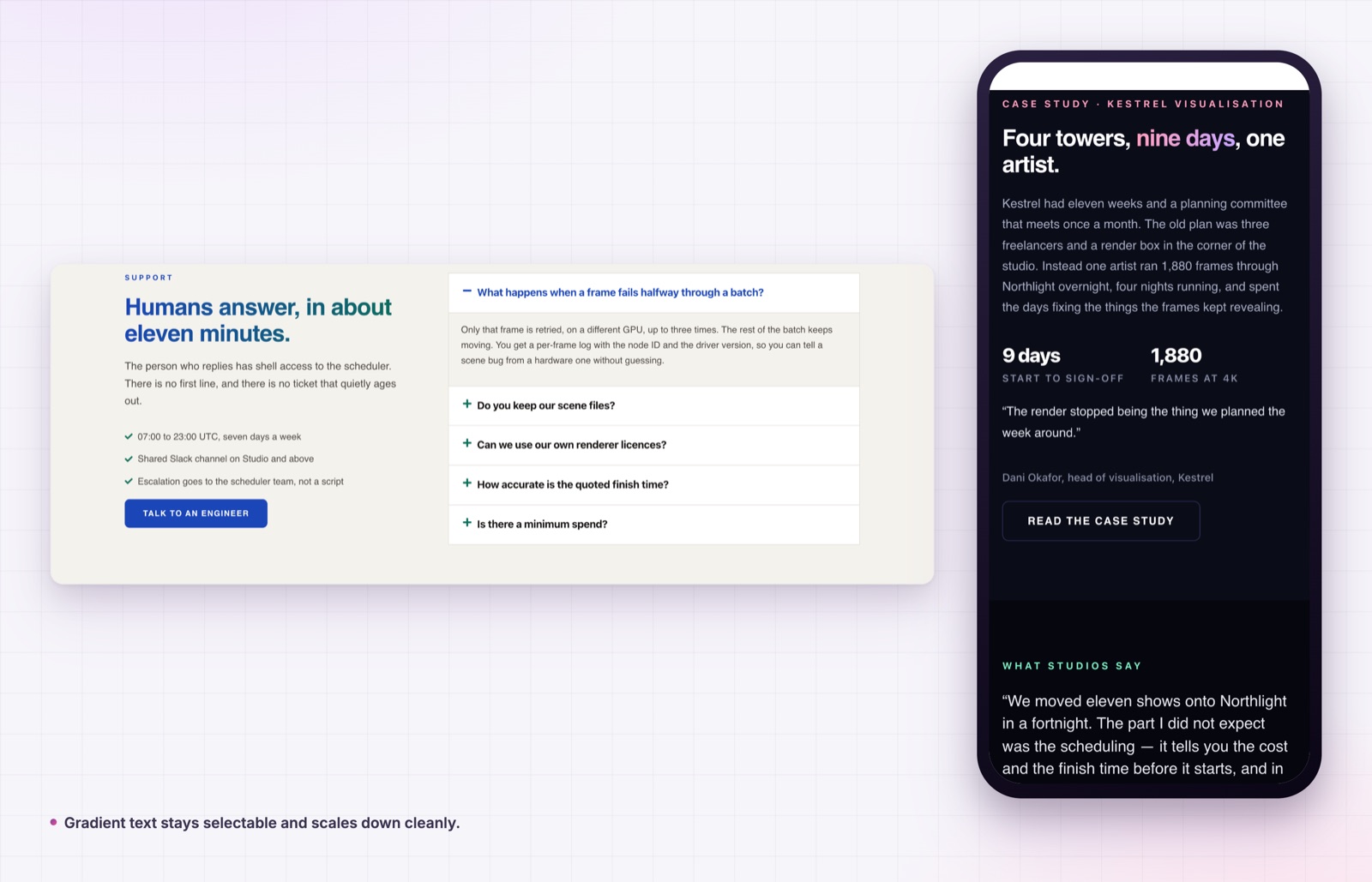 Gradient text on a light FAQ section and on a phone