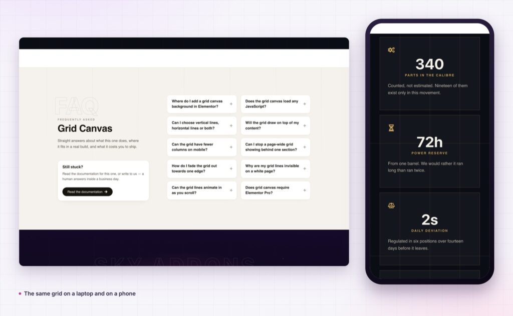 Elementor grid canvas on desktop and on a phone