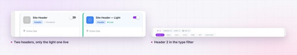 Elementor header builder templates, one live and one disabled