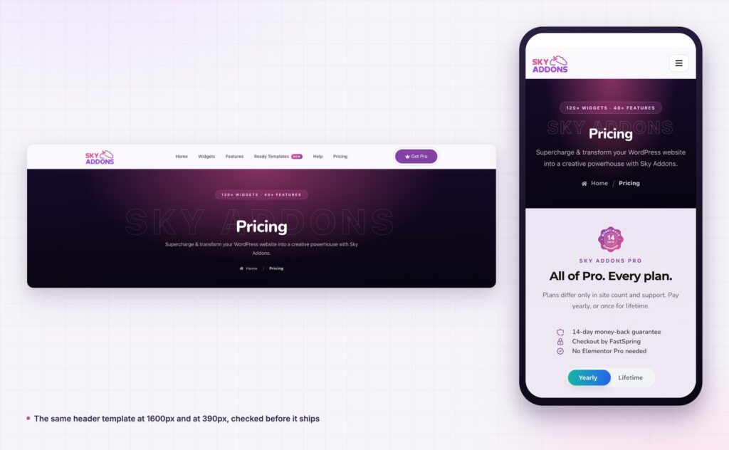 Elementor header builder header at desktop and phone width