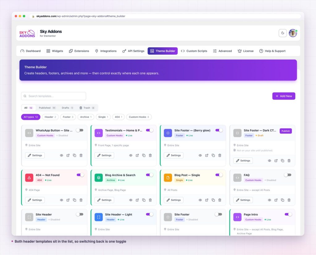 Elementor header builder templates listed in the theme builder