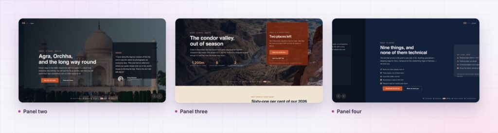 Three Elementor horizontal scroll panels with different layouts