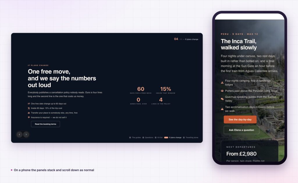 Elementor horizontal scroll on desktop and the same panels stacked on a phone