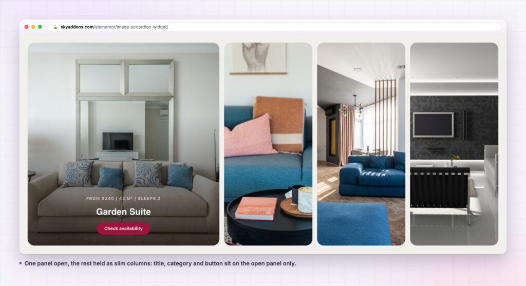 Image accordion for Elementor with one panel open on a room booking page