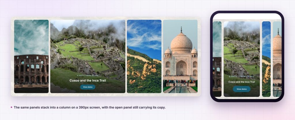 Image accordion on desktop and on a 390px phone screen