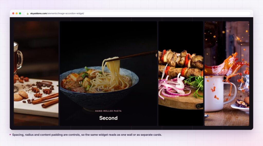 Image accordion styled as a dark menu section