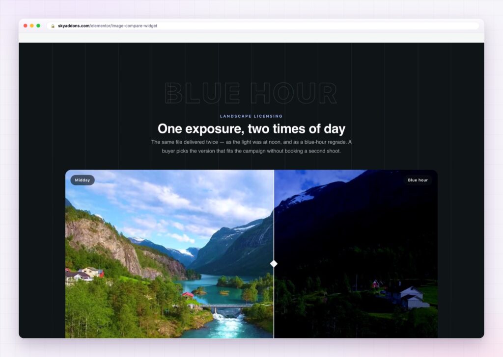 Elementor image compare slider revealing a before and after photograph