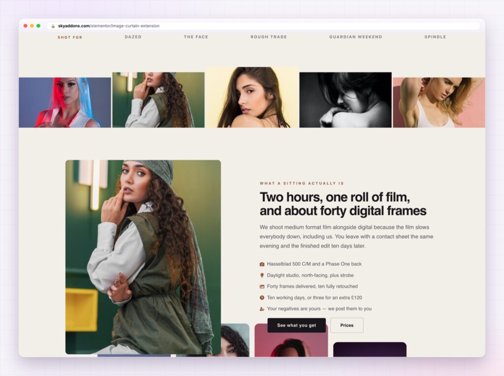 Elementor image curtain uncovering a photograph as the page scrolls