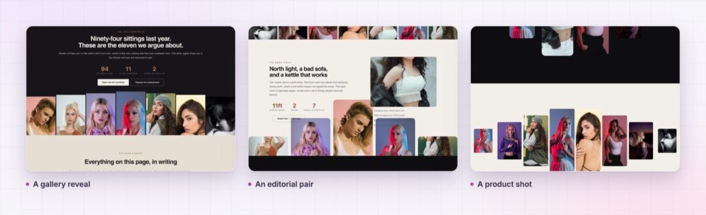 Four Elementor image curtain examples from the demo page
