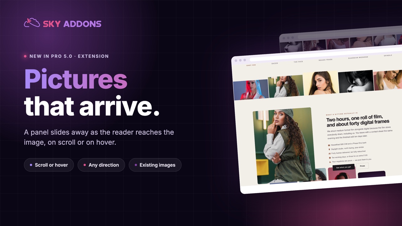 Elementor image curtain uncovering a photograph as the page scrolls