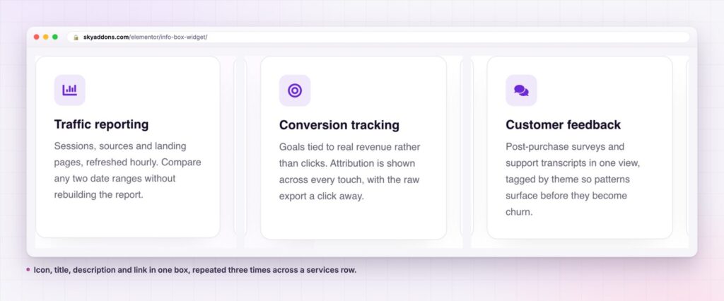 Three info box cards in a services row