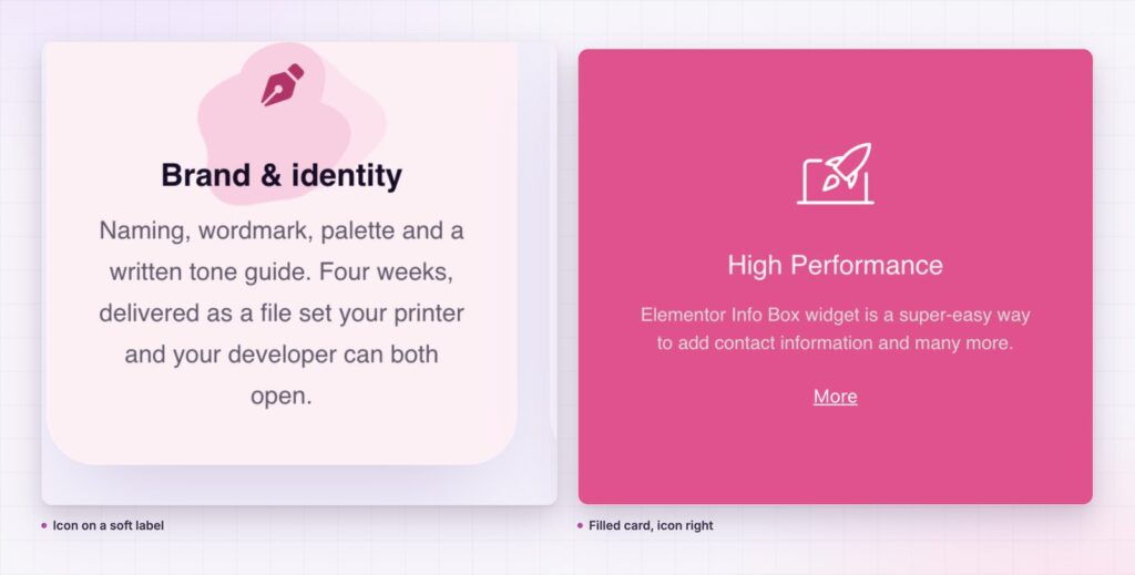 Info box for Elementor as a soft label card and a filled card