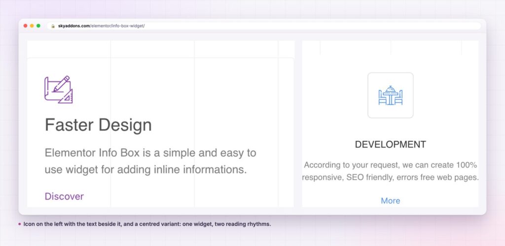 Wide info box layouts with left icon and centred variants