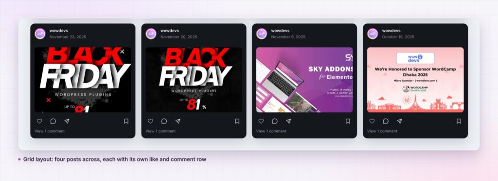 Elementor Instagram feed grid with four posts across
