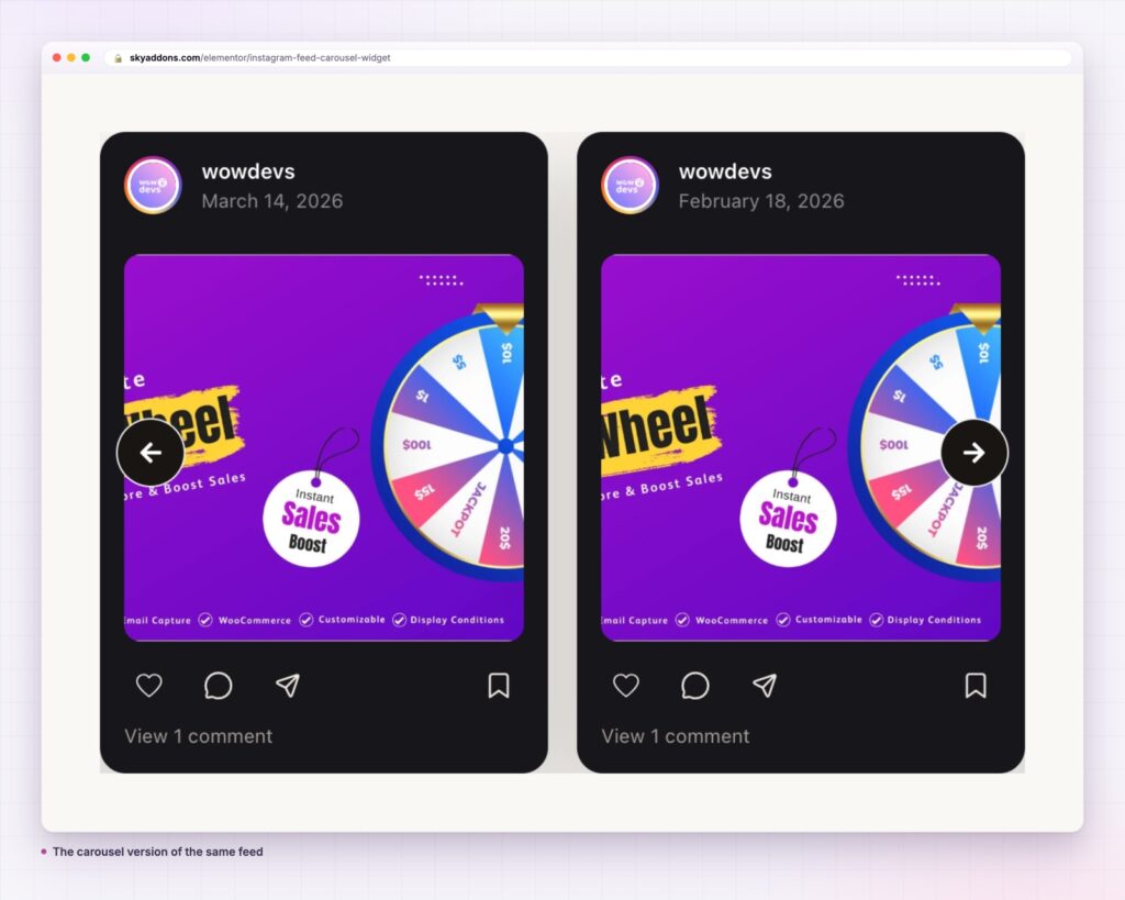 Elementor Instagram feed carousel with arrows on each side